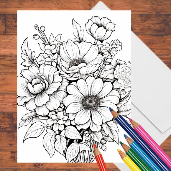 8 Floral Flowers Adult Coloring A7 Cards: DIY Greeting Card Kit with Envelopes - Picture 1 of 10